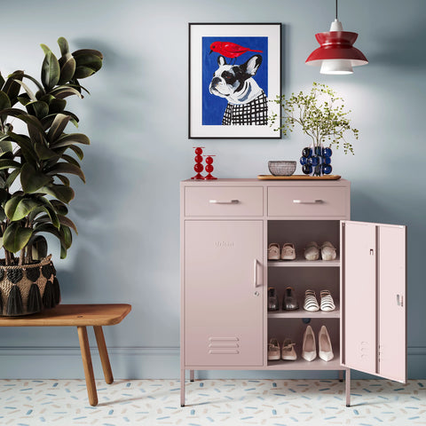 Metal storage locker with 2 doors and 2 drawers in light pink, one door open showing rows of shoes