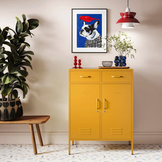 Metal storage locker with 2 doors and 2 drawers in mustard yellow