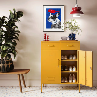 Metal storage locker with 2 doors and 2 drawers in mustard yellow, one door open showing rows of shoes