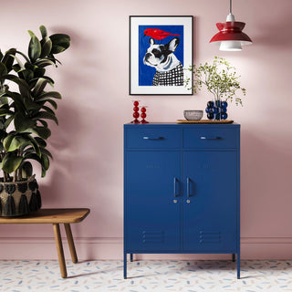 Metal storage locker with 2 doors and 2 drawers in navy blue