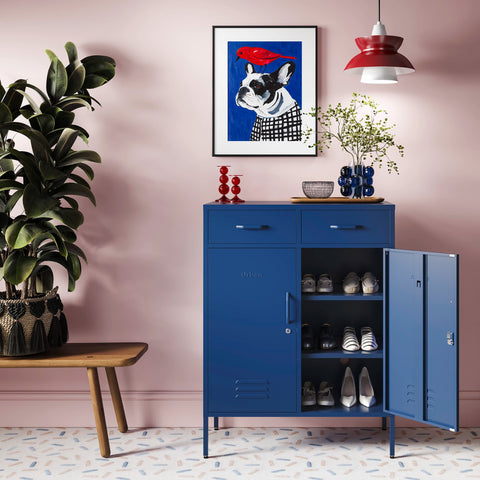 Metal storage locker with 2 doors and 2 drawers in navy blue, one door open showing rows of shoes