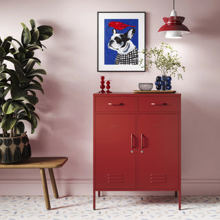 Metal storage locker with 2 doors and 2 drawers in red