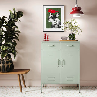 Metal storage locker with 2 doors and 2 drawers in sage green