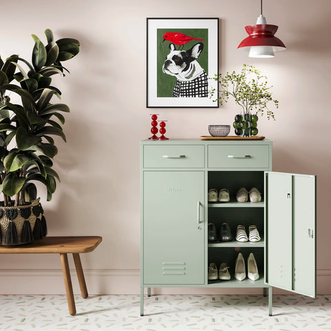 Metal storage locker with 2 doors and 2 drawers in sage green, one door open showing rows of shoes