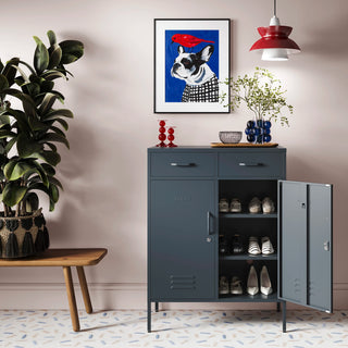 Metal storage locker with 2 doors and 2 drawers in slate grey, one door open showing rows of shoes