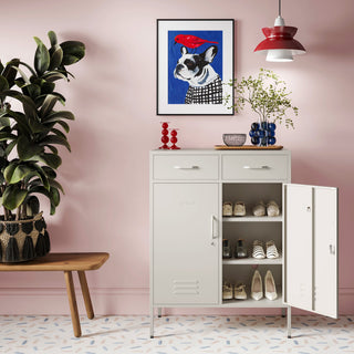 Metal storage locker with 2 doors and 2 drawers in vanilla, one door open showing rows of shoes