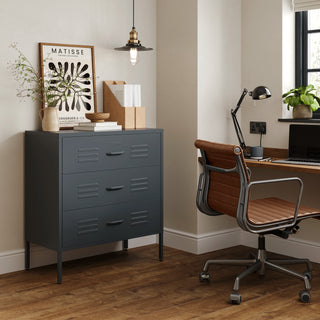 The Lambeth metal drawers in slate grey, in a room next to a desk