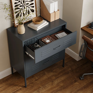 The Lambeth metal storage drawers in slate grey, with one draw open showing a basket and books 