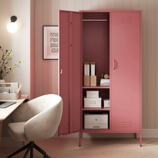 The Chelsea tall double-door metal storage locker in flamingo pink with one door open, in a room