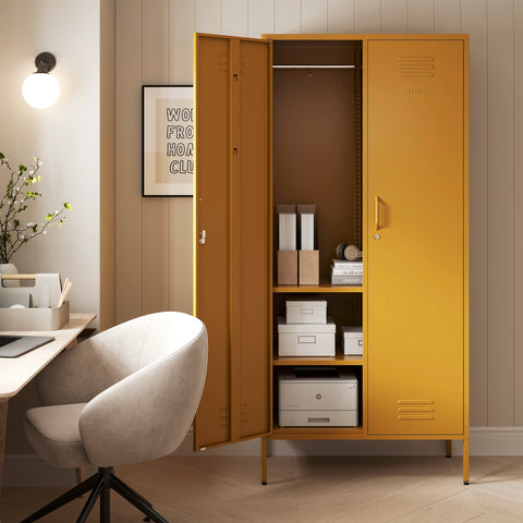 The Chelsea tall double-door metal storage locker in mustard yellow with one door open, in a room