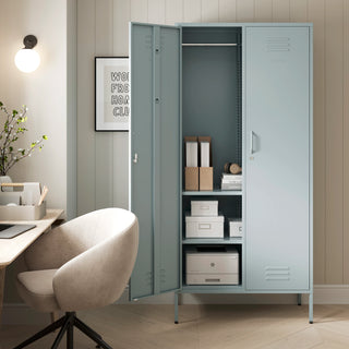 The Chelsea tall double-door metal storage locker in sky blue with one door open in a room