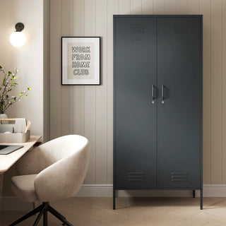 The Chelsea tall double-door metal storage locker in slate grey in a room