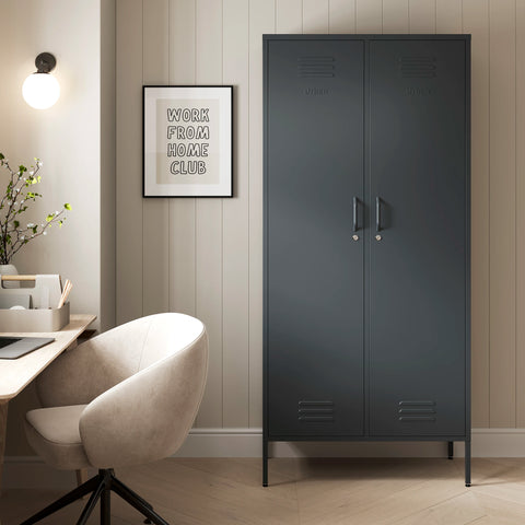 The Chelsea tall double-door metal storage locker in slate grey in a room