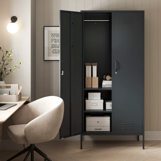 The Chelsea tall double-door metal storage locker in slate grey with one door open in a room