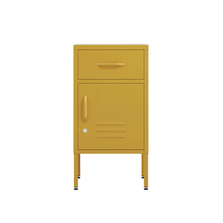 Bedside metal storage locker with one drawer and one cupboard in mustard yellow