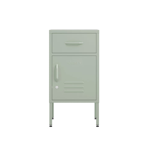 Bedside table metal locker with one drawer and one cupboard in sage green