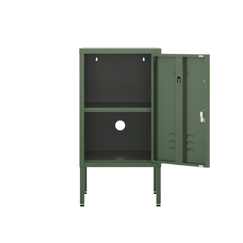 The Camden metal bedside table storage locker in forest green, with the door open