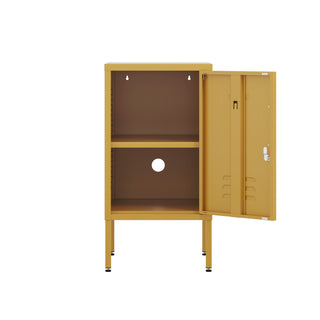 The Camden metal bedside table storage locker in mustard yellow, with the door open