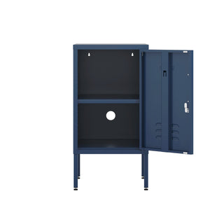 The Camden metal bedside table storage locker in navy blue, with the door open