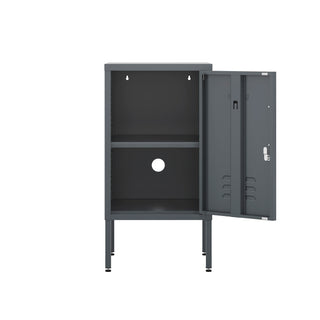 The Camden metal bedside table storage locker in slate grey, with the door open