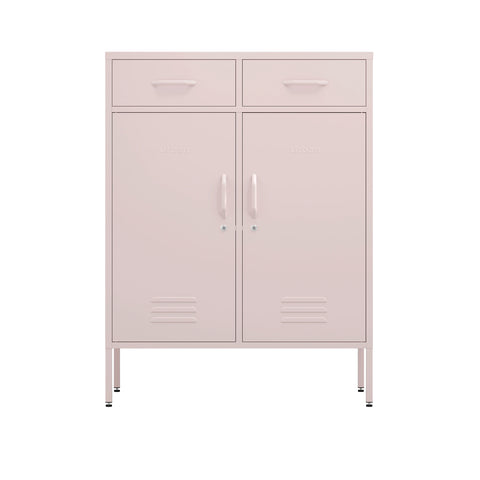 two door metal storage locker with two drawers above in light pink 