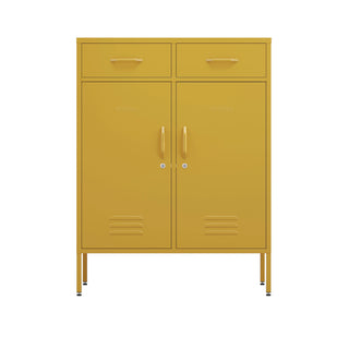 two door, two drawer metal storage locker in mustard yellow 