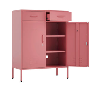 Metal storage locker with 2 doors and 2 drawers in flamingo pink, one door and drawer open