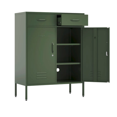 Metal storage locker with 2 doors and 2 drawers in forest green, one door and drawer open