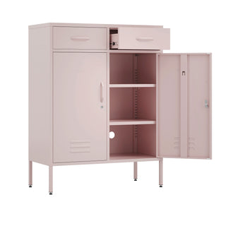 Metal storage locker with 2 doors and 2 drawers in light pink, one door and drawer open