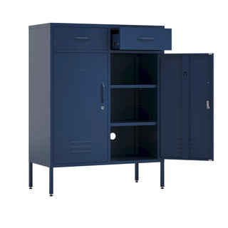 Metal storage locker with 2 doors and 2 drawers in navy blue, one door and drawer open