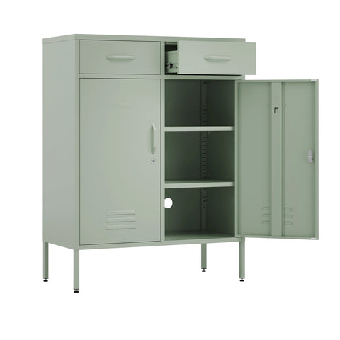 Metal storage locker with 2 doors and 2 drawers in sage green, one door and drawer open