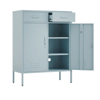 Metal storage locker with 2 doors and 2 drawers in sky blue, one door and drawer open