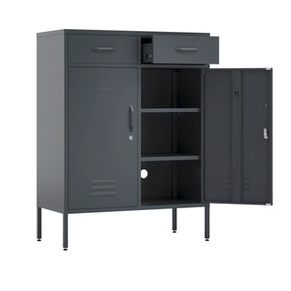 Metal storage locker with 2 doors and 2 drawers in slate grey, one door and drawer open