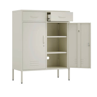 Metal storage locker with 2 doors and 2 drawers in vanilla, one door and drawer open