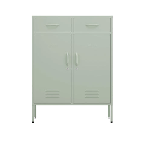 two door, two drawer metal storage locker in sage green 