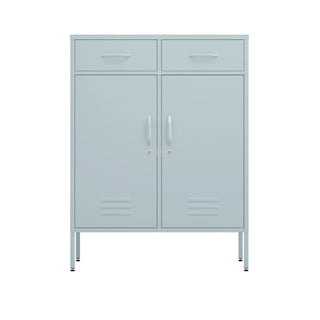 two door metal storage locker in sky blue with two drawers above