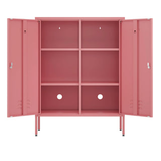 The Fulham metal storage locker in flamingo pink with 2 doors both open