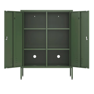 The Fulham metal storage locker in forest green with 2 doors both open