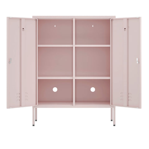 The Fulham metal storage locker in light pink with 2 doors both open