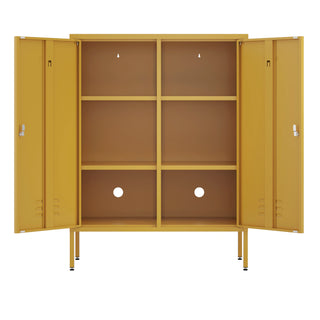 The Fulham metal storage locker in mustard yellow with 2 doors both open