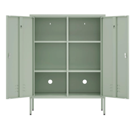 The Fulham metal storage locker in sage green with 2 doors both open