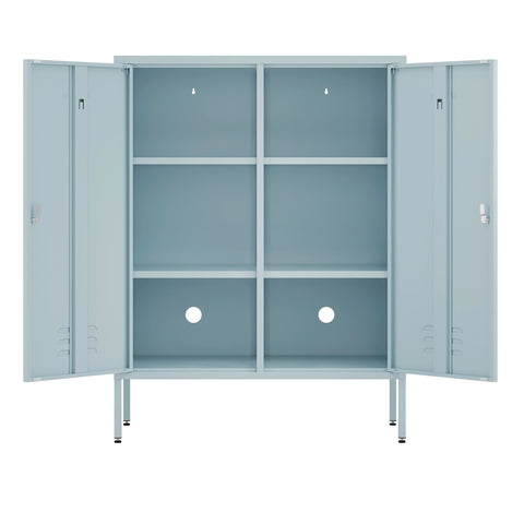 The Fulham metal storage locker in sky blue with 2 doors both open