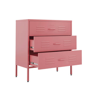 The Lambeth metal drawers in flamingo pink with 3 drawers, and 2 of them open