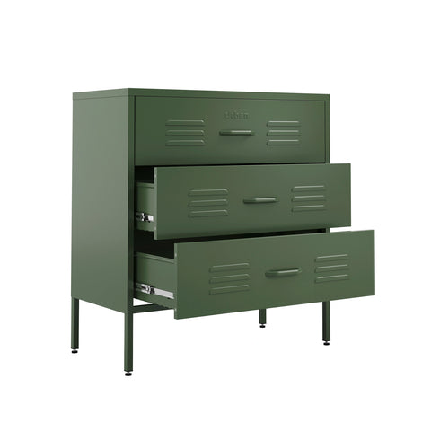 The Lambeth metal drawers in forest green with 3 drawers, and 2 of them open