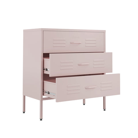 The Lambeth metal drawers in light pink with 3 drawers, and 2 of them open