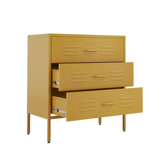 The Lambeth metal drawers in mustard yellow with 3 drawers, and 2 of them open