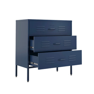 The Lambeth metal drawers in navy blue with 3 drawers, and 2 of them open