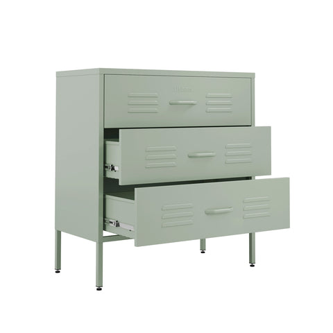 The Lambeth metal drawers in sage green with 3 drawers, and 2 of them open