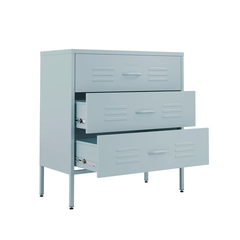 The Lambeth metal drawers in sky blue with 3 drawers, and 2 of them open