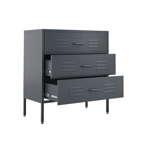 The Lambeth metal drawers in slate grey with 3 drawers, and 2 of them open